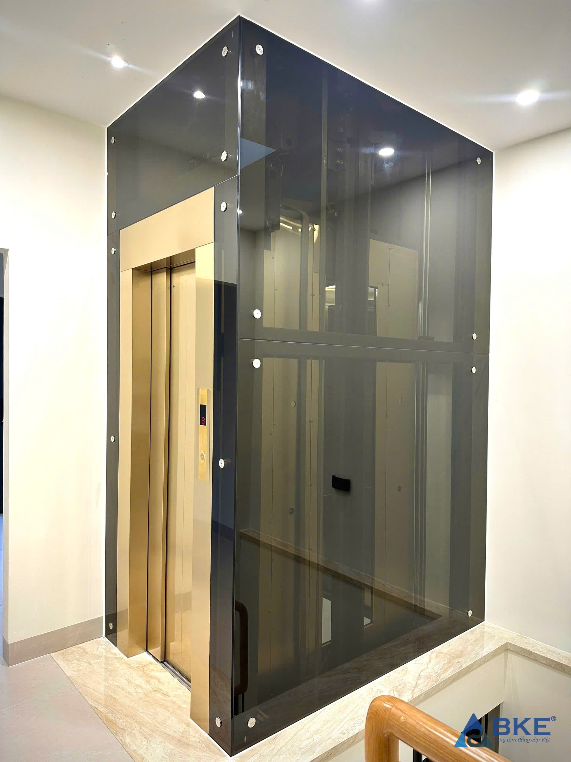 Vách kính và nội thất cabin thang máy gia đình